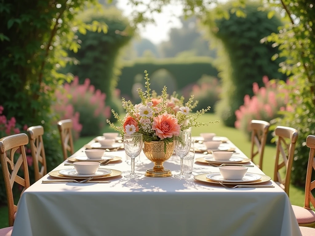 Beautiful outdoor garden party setup with elegant table settings and floral centerpieces
