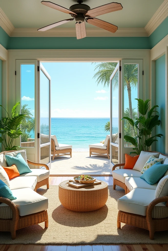Vibrant summer home decoration with coastal themes, bright colors, and relaxed elegance