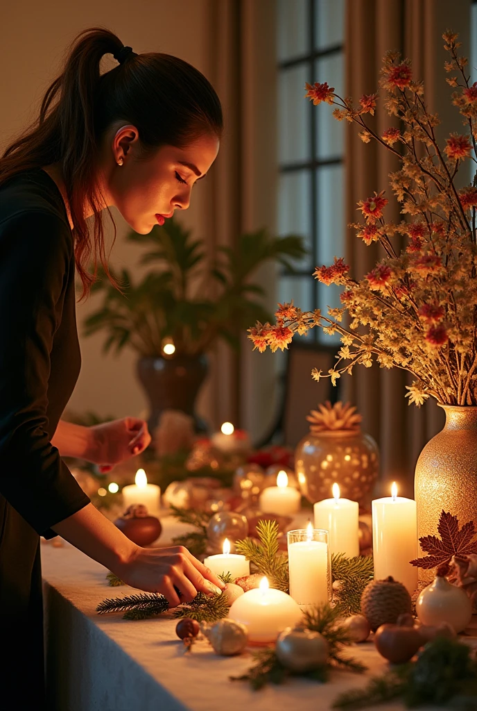 Professional decoration team carefully arranging seasonal elements with attention to detail