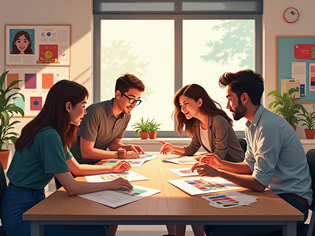 Creative design team reviewing seasonal decoration concepts and color palettes