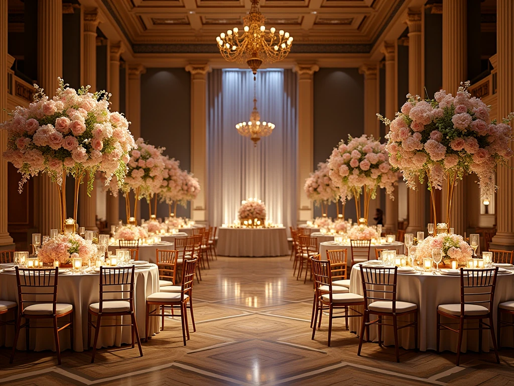 Sophisticated event decoration setup with premium floral arrangements and ambient lighting