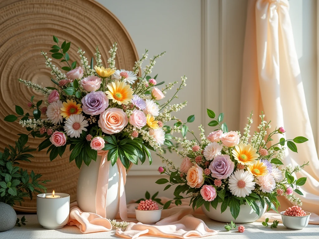 Fresh spring decoration package with floral arrangements, pastel accents, and natural elements