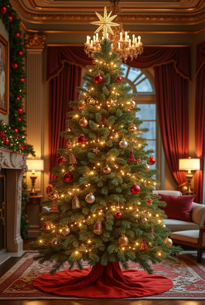 Luxurious winter home decoration with elegant Christmas tree, twinkling lights, and sophisticated ornaments